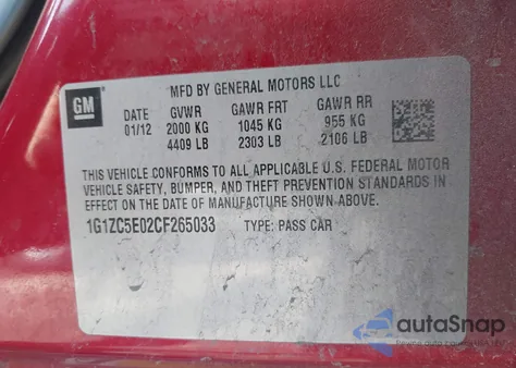 2012 Chevrolet Malibu 1Lt z USA, uszkodzony, nr VIN 1G1ZC5E02CF265033